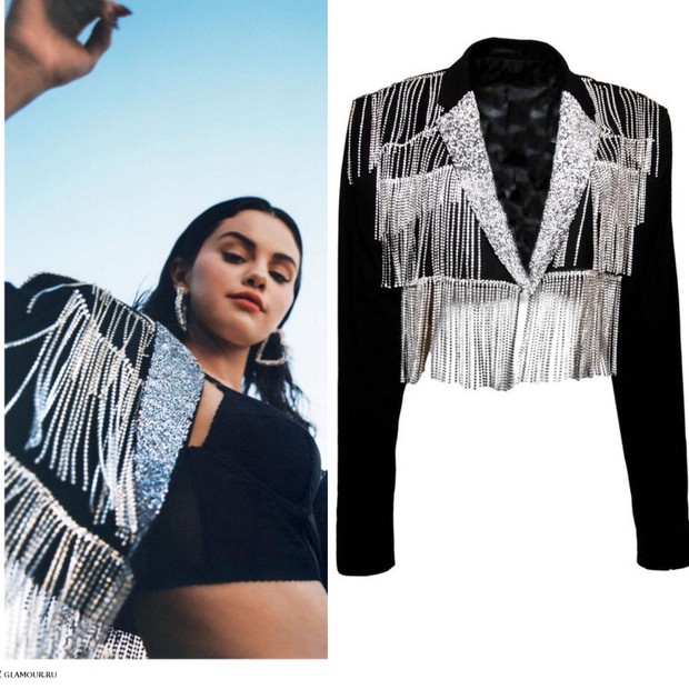 A jaqueta com franjas de cristais assinada por Romeo OHunte foi usada por Selena Gomez em um ensaio de moda (Foto: Reprodução)