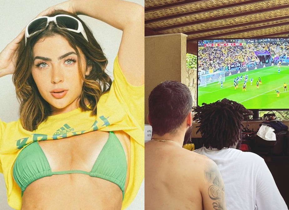 Jade Picon assiste a jogo do Brasil com Pedro Scooby e Douglas SIlva
