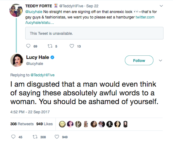 A resposta da atriz Lucy Hale aos comentários estúpidos de um fã (Foto: Twitter)