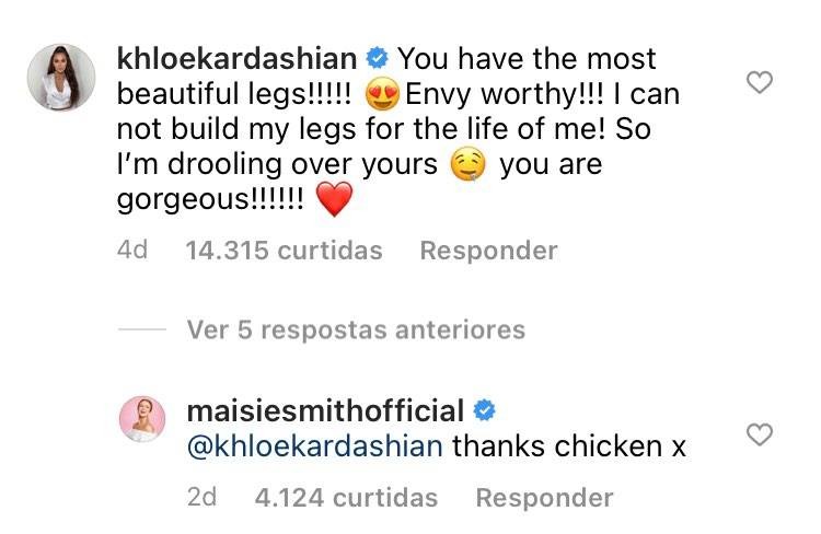 O comentário da socialite Khloé Kardashian no post da atriz inglesa Maisie Louise Collender Smith (Foto: Instagram)