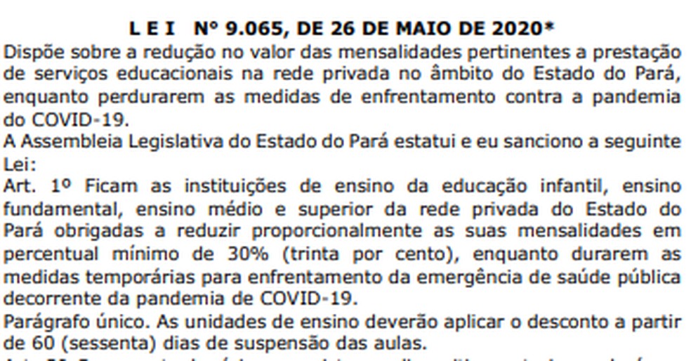 Texto novo da lei suprime trecho do "parágrafo único" que fala em negociação para devolução do valor descontado nas mensalidades após pandemia — Foto: Reprodução
