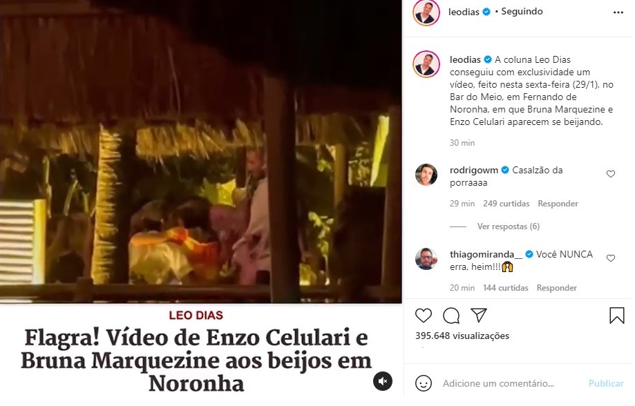 Bruna Marquezine e Enzo Celulari trocam beijos em Noronha (Foto: Reprodução/Instagram)