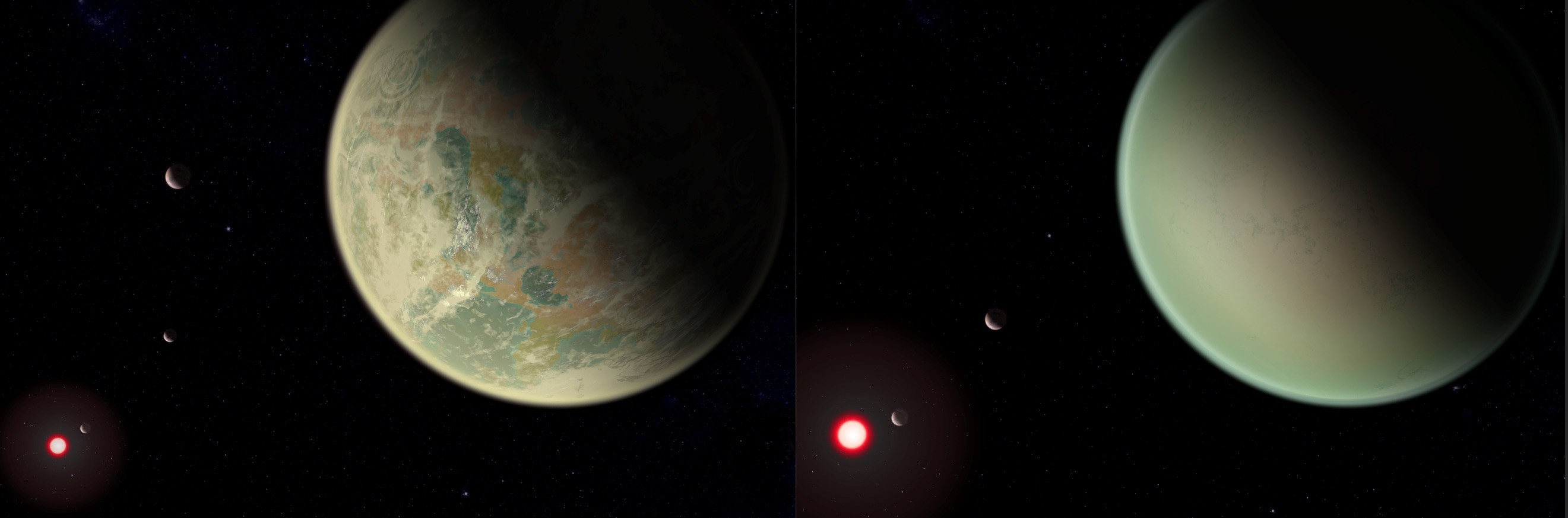 Cientistas criam novo método para detectar oxigênio em exoplanetas. À esquerda, planeta com água e oxigênio atmosférico. À direita, planeta sem água e oxigênio atmosférico. (Foto: NASA)