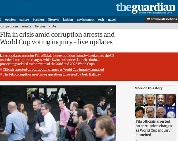 O jornal britânico “The Guardian” criou uma página com atualizações ao vivo sobre o caso de corrupção na Fifa (Foto: Reprodução/The Guardian)