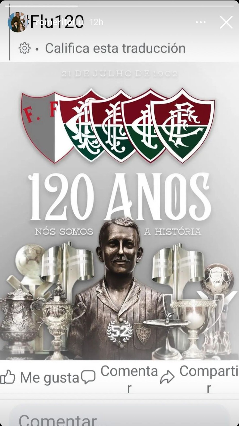 Romerito posta mensagem de parabéns no aniversário do Fluminense — Foto: Reprodução / Instagram