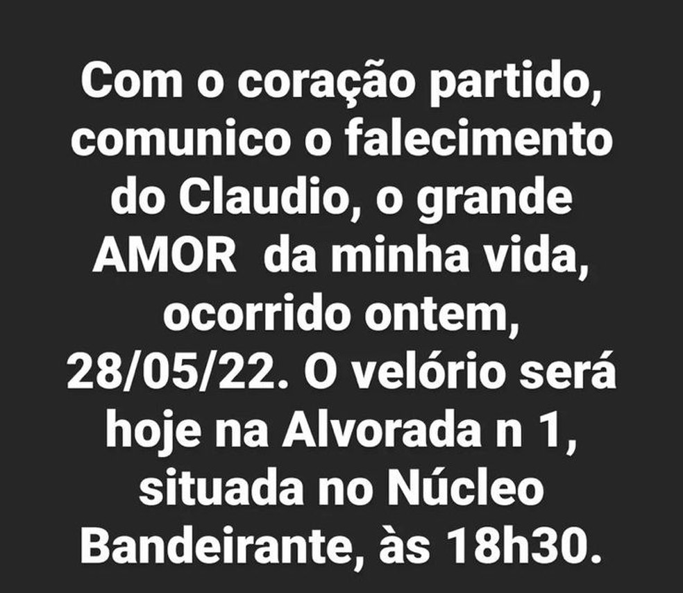 Publicação da esposa de Claudemar Moura Santos, que foi encontrado morto, no último sábado (28), no Park Way, no DF — Foto: Instagram/Reprodução