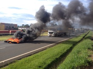 Caminhoneiros queimaram pneus na PRC-373, em Ponta Grossa  (Foto: André Salamucha/RPC)