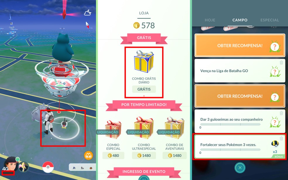 Bônus diário oferecido pela Niantic: Pokémon, Caixa e Pesquisa — Foto: Reprodução/Pokémon GO