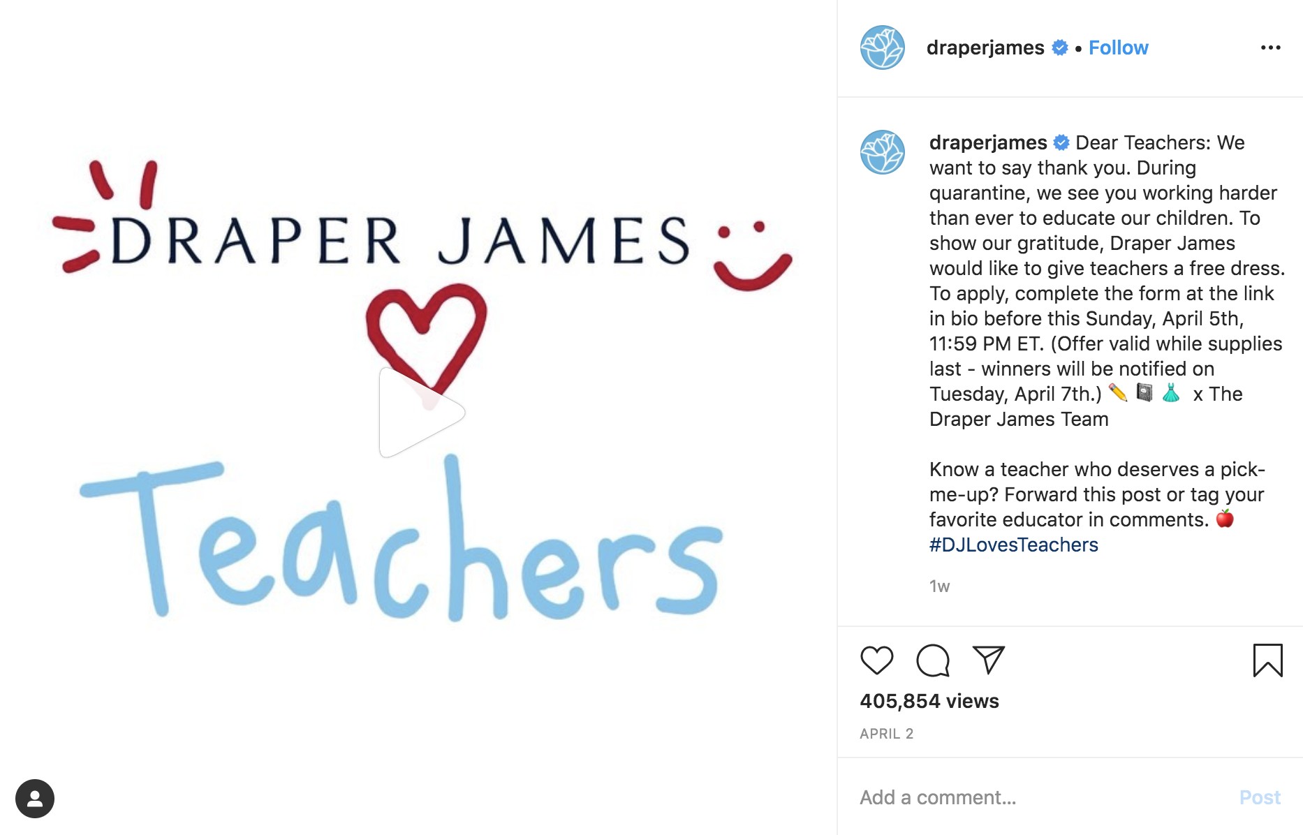 Post da Draper James com campanha para doação de vestidos  (Foto: Reprodução/Instagram)