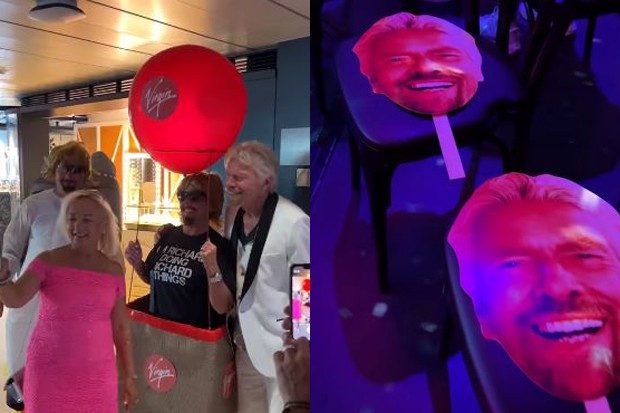 Cenas da festa: convidados fizeram referência a looks e hobbies do bilionário, e receberam máscaras com o rosto de Branson (Foto: Reprodução / Instagram)