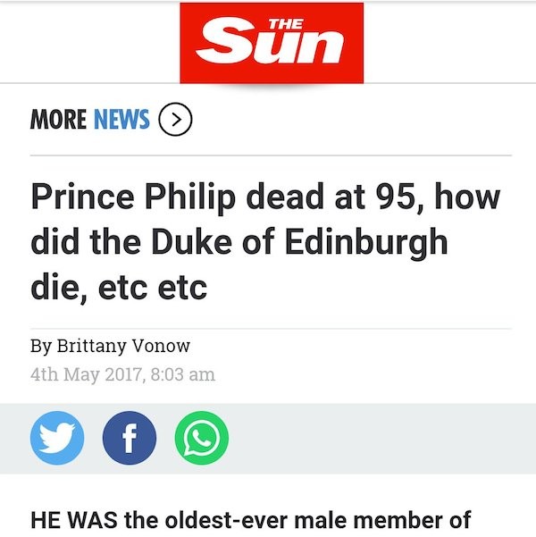 A matéria do The Sun noticiando a morte do Príncipe Philip (Foto: Reprodução)