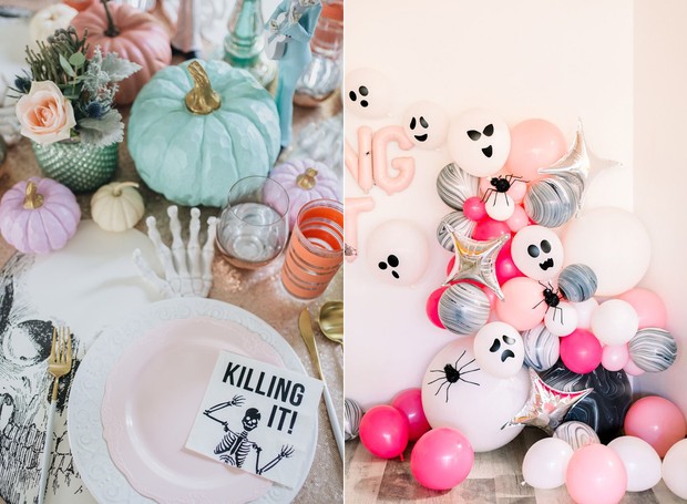 Na hora de decorar a mesa, aposte em itens que já tem em casa, especialmente naqueles de tom pastel. Se a ideia é comprar balões, esqueça o laranja e invista na combinação rosa e preto (Foto: Reprodução/Pinterest)
