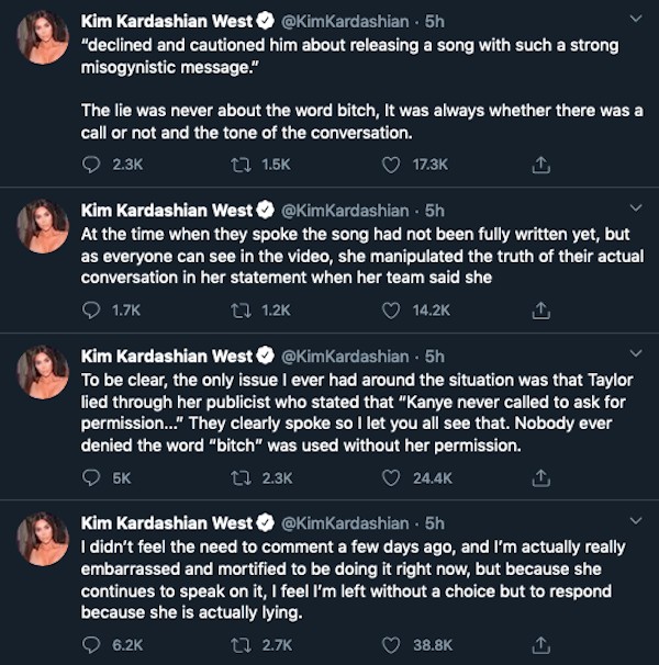 Alguns dos tuítes de Kim Kardashian atacando Taylor Swift e acusando de mentirosa (Foto: Twitter)