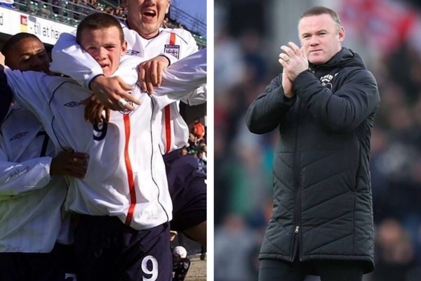 Rooney no início da carreira em partida pela seleção inglesa; o ex-jogador em foto recente como treinador do Derby County (Foto: Reprodução/Instagram)