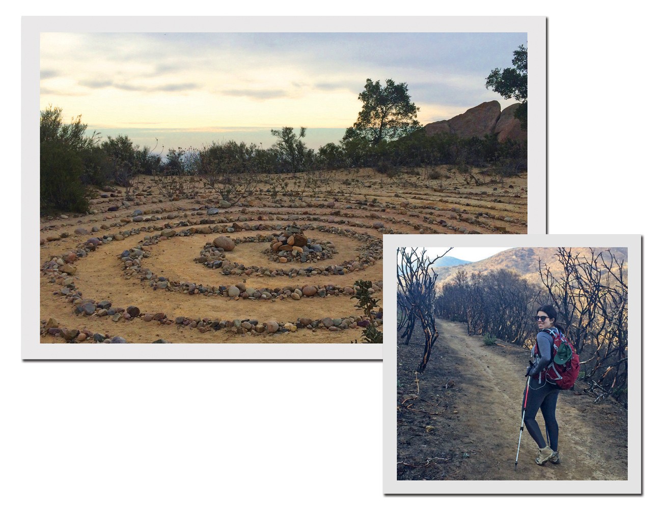 Espiral de pedras usada para meditação em uma das trilhas do programa do The Ashram; e Fernanda em manhã de hiking (Foto: Divulgação)