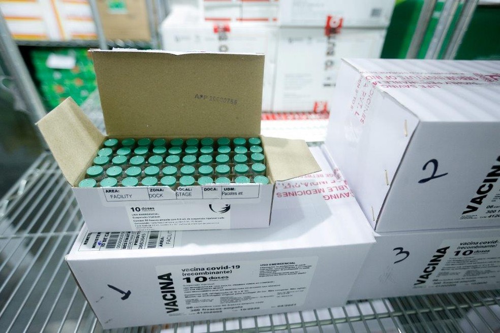 Parte das doses da vacina de Oxford que chegaram em Alagoas — Foto: Felipe Brasil/Agência Alagoas