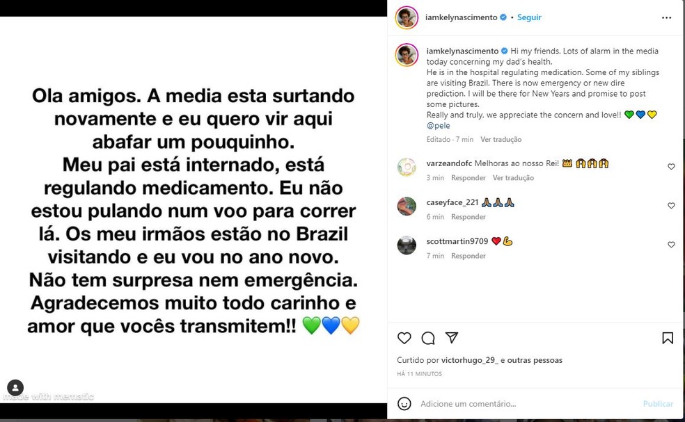 Filha de Pelé confirmou internação do pai, mas não divulgou em qual hospital ele está — Foto: Reprodução/Instagram