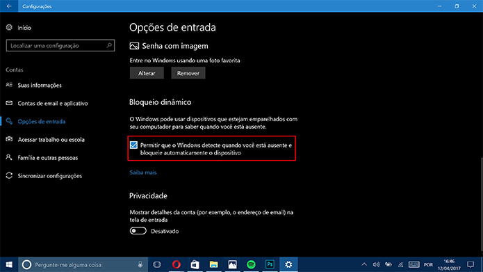 Ative Bloqueio dinâmico para que Windows 10 seja trancado quando o usuário sair do alcance (Foto: Reprodução/Elson de Souza)
