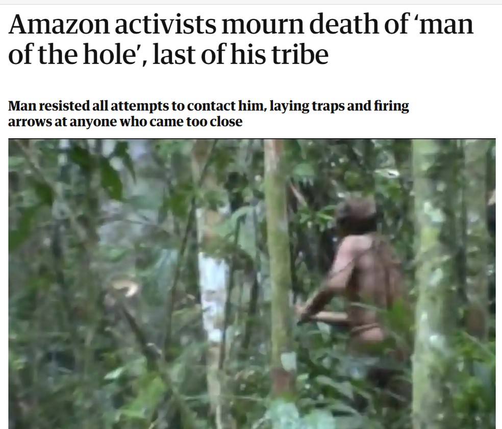 Texto do Guardian sobre a morte do 'Homem do Buraco' — Foto: Reprodução