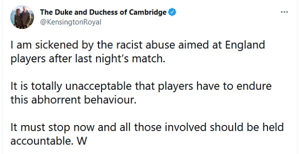 O tuíte do Príncipe William condenando os ataques racistas contra os jogadores da Inglaterra após a derrota nos pênaltis para a Itália na final da Eurocopa (Foto: Twitter)