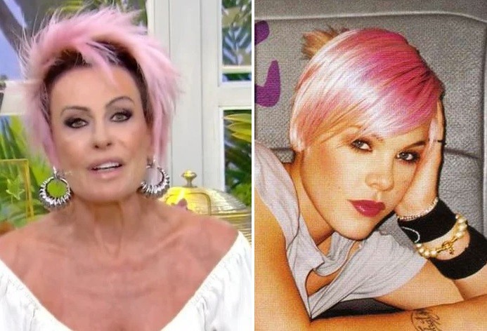 Ana Maria Braga aparece com cabelo cor-de-rosa no Mais Você e é comparada com a cantora Pink (Foto: Reprodução)