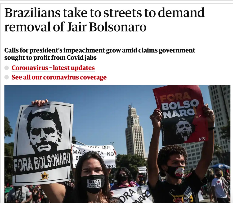 Reprodu&ccedil;&atilde;o da p&aacute;gina do 'The Guardian' com a not&iacute;cia das manifesta&ccedil;&otilde;es de 3 de julho &mdash; Foto: Reprodu&ccedil;&atilde;o/The Guardian