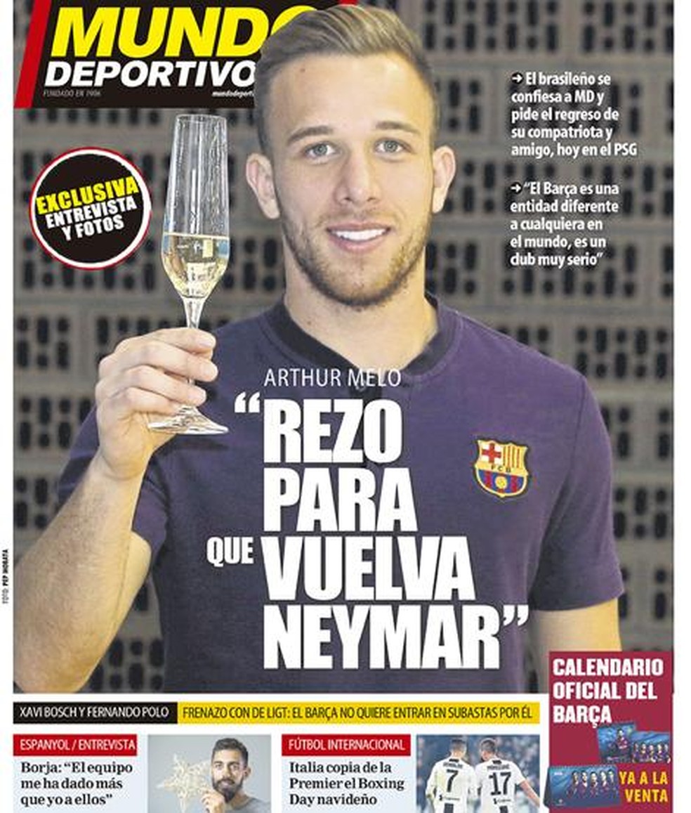 Arthur foi destaque na capa de jornal de Barcelona  — Foto: Reprodução