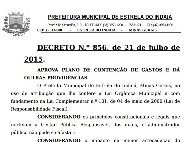 Decreto determina medidas de contenção de gastos em Estrela do Indaiá (Foto: PMEI/Divulgação)