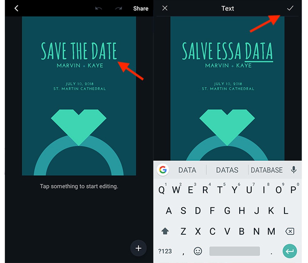Opção para editar frases em um modelo de convite no app Canva — Foto: Reprodução/Marvin Costa