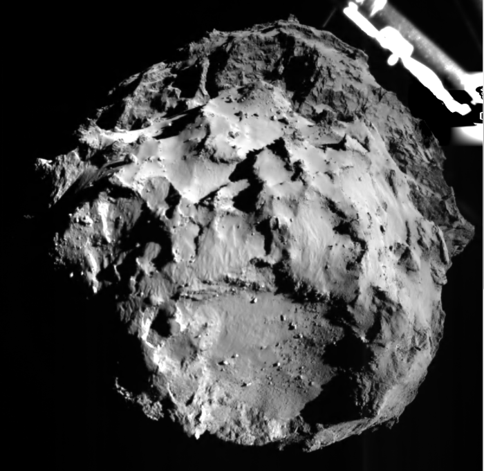 Foto tirada pouco antes do pouso de Philae, a três quilômetros da superfície do cometa (Foto: ESA/Rosetta/Philae/ROLIS/DLR)