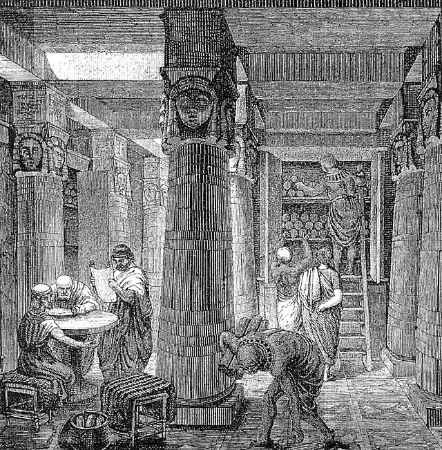 Renderização artística da Biblioteca de Alexandria, com base em algumas evidências arqueológicas (Foto: Wikimedia Commons / Domínio Público)