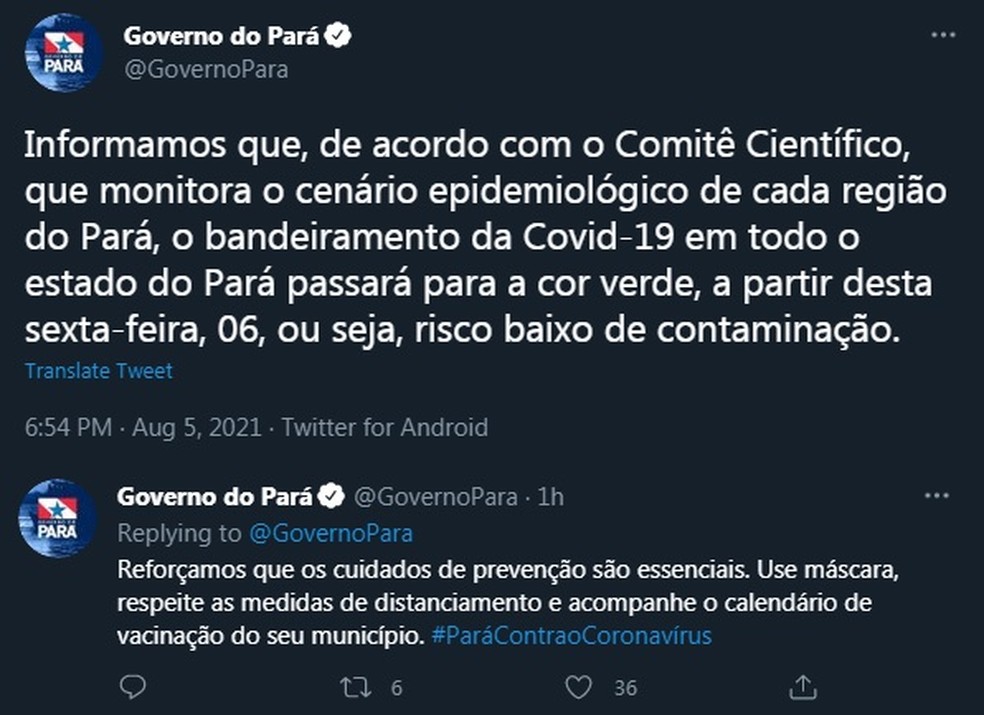 Governo impõe classificação  verde para todas as cidades do Pará, no plano de retomada. — Foto: Reprodução / Twitter