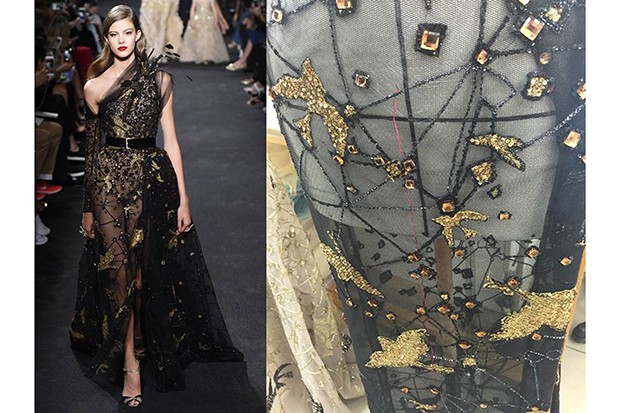 On the couture catwalk and, right, a detail of the dress in progress in the Beirut atelier (Foto: InDigital (left) and @SuzyMenkesVogue)