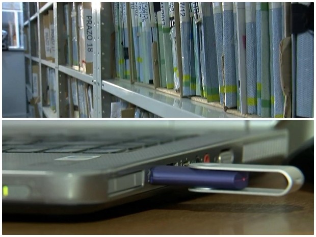Antes ocupando espaços enormes, documentos hoje cabem em centímetros (Foto: Reprodução/ TV TEM)