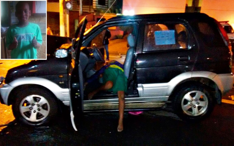 No detalhe: foto de Ítalo Siqueira antes de ter sido morto com tiro na cabeça disparado pela PM (na foto maior) após ter furtado um carro; policiais alegam que ele atirou — Foto: Reprodução/Arquivo pessoal e redes sociais