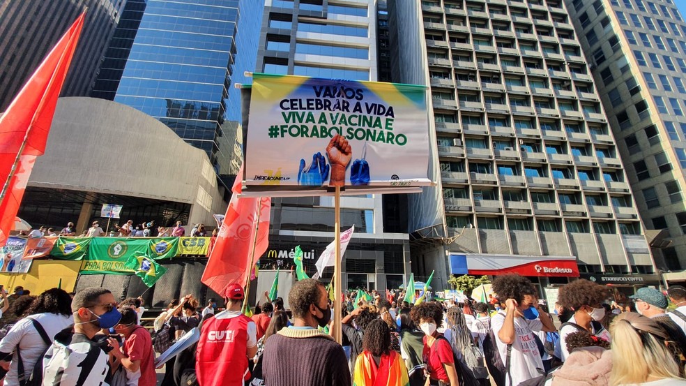 Manifestantes na Av. Paulista em ato contra o presidente Bolsonaro, neste sábado (24) — Foto: Marina Pinhoti
