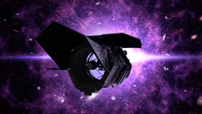 Renderização artística do Telescópio Espacial Nancy Grace Roman, atualmente em desenvolvimento pela Nasa, que será usado na busca por planetas distantes além do nosso sistema solar (Foto: Nasa)