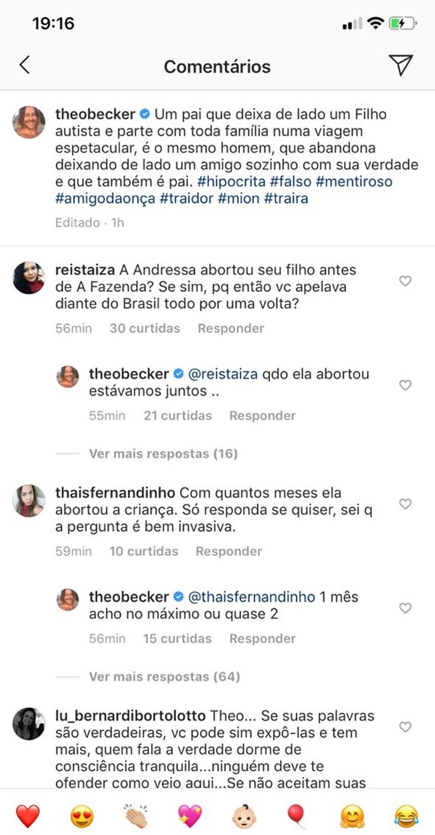 Theo Becker responde comentários nas redes sociais (Foto: Reprodução/Instagram)