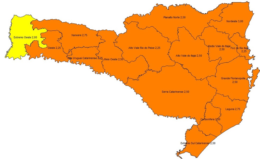 Mapa de risco do governo de SC tem 15 das 16 regiões em situação grave — Foto: Governo de SC/Reprodução
