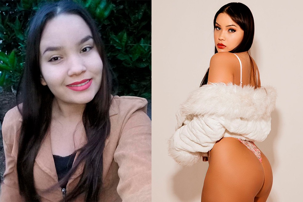 Lina Nakamura quando frequentava a igreja e agora, como musa do OnlyFans — Foto: Divulgação