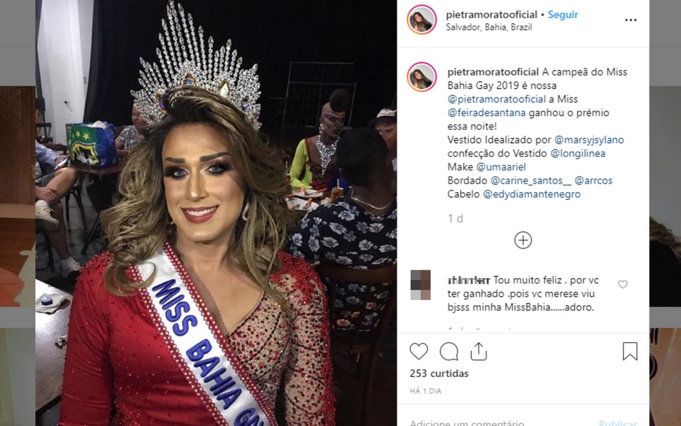 Drag queen de Feira de Santana é eleita Miss Bahia Gay 2019 — Foto: Reprodução/Redes Sociais