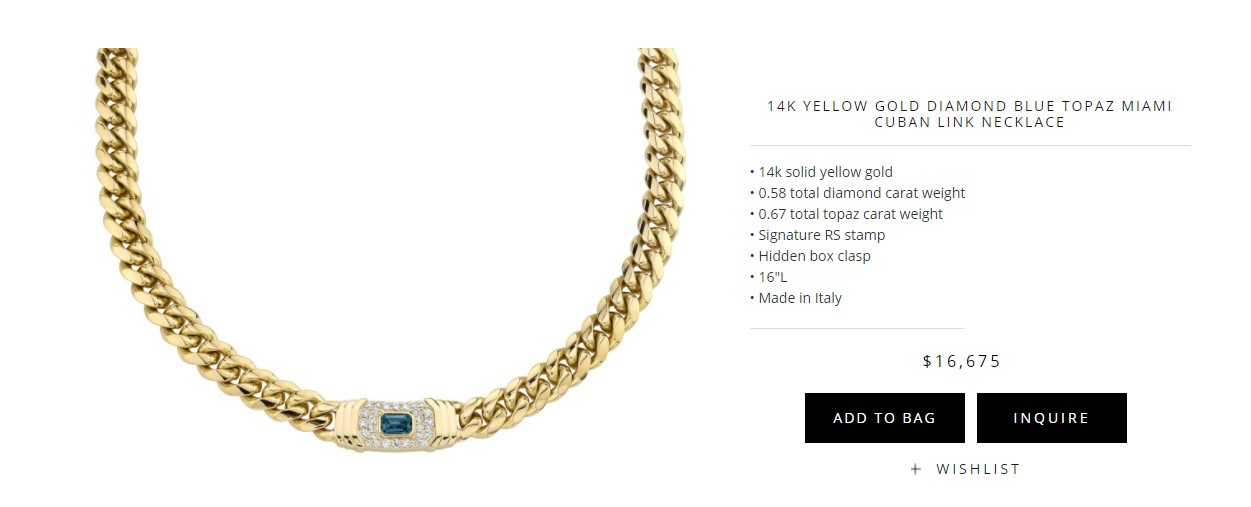 14K YELLOW GOLD DIAMOND BLUE TOPAZ MIAMI CUBAN LINK NECKLACE (Foto: Reprodução/ Ruby Stella)