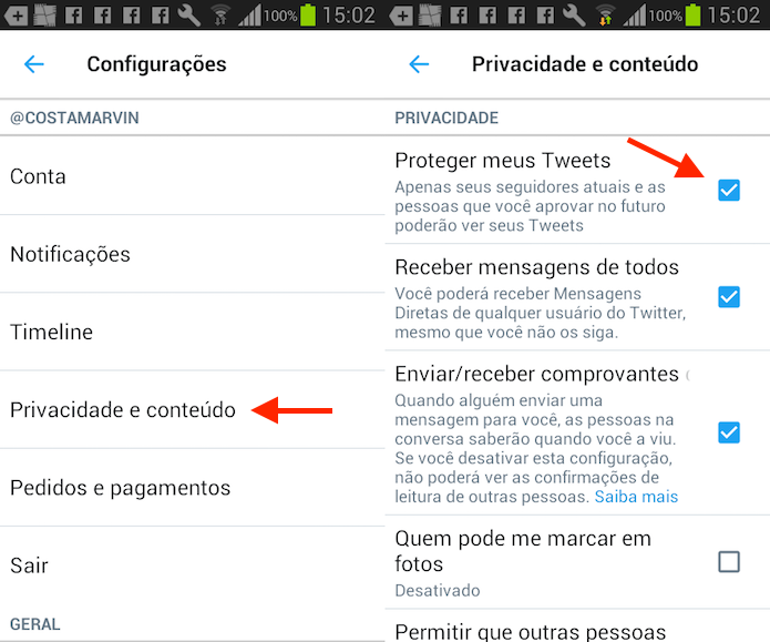Opção para tornar privado um perfil do Twitter através do aplicativo para Android (Foto: Reprodução/Marvin Costa)
