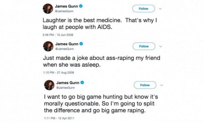 Os tuítes que afastaram o diretor de "Guardiões da Galáxia Vol. 3", James Gunn (Foto: Reprodução / Twitter)