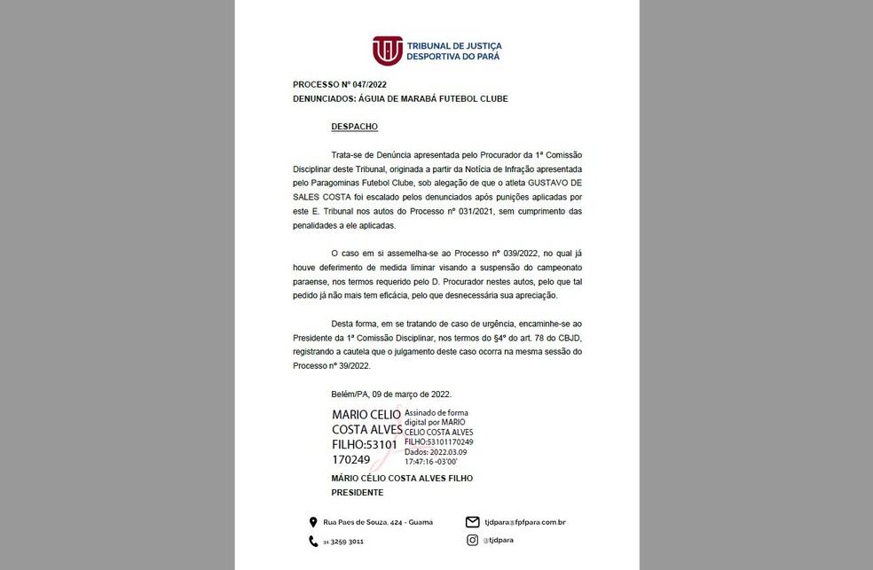 Documento do TJD-PA — Foto: Divulgação