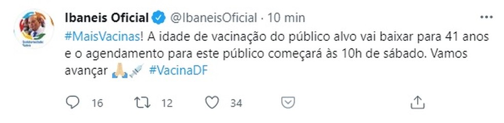 Ibaneis Rocha anuncia ampliação da vacina contra a Covid-19 no DF para pessoas com 41 anos  — Foto: Twitter/Reprodução 