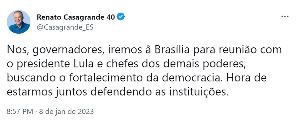 Publicação no Twitter em que o governador do ES diz que vai à Brasília para reunião com Lula — Foto: Reprodução/Twitter