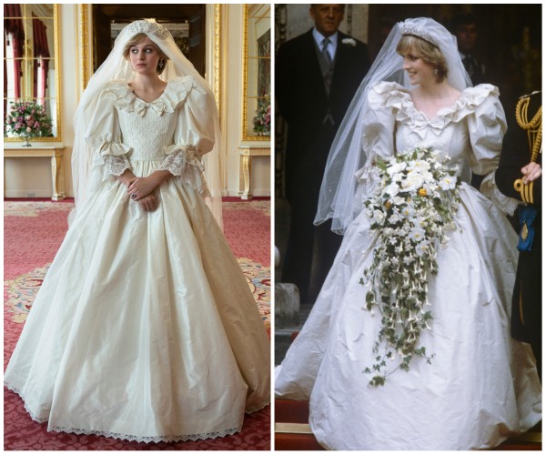 Emma Corrin em cena de The Crown / Lady Di em 1981, no dia do seu casamento com o príncipe Charles (Foto: Divulgação / Getty Images)