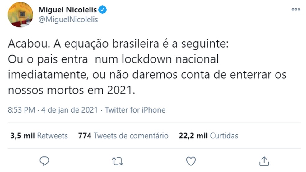 Miguel Nicolelis defende lockdown nacional como medida para frear crescimento do número de casos — Foto: Redes Sociais
