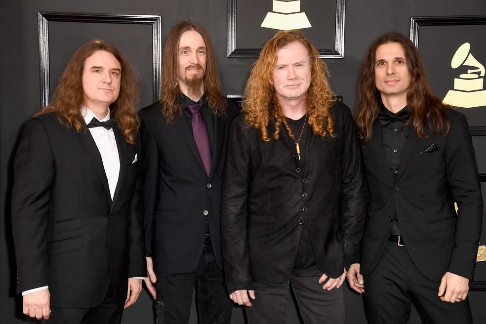  David Ellefson, Dirk Verbeuren, Dave Mustaine, e o brasileiro Kiko Loureiro, do Megadeth, chegam ao Grammy (Foto:  Frazer Harrison/Getty Images/AFP)